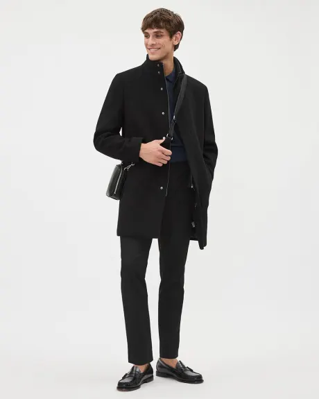 Manteau Classique en Laine Unie à Col Montant avec Plastron