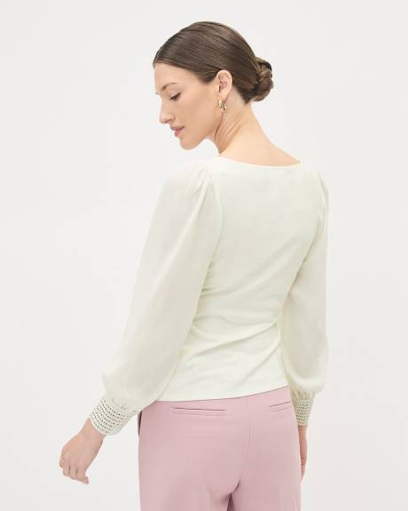 Mix-Media Boat-Neck Top with Long Puffy Sleeves