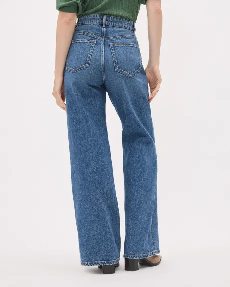 Jeans Long à Délavé Moyen à Taille Haute et Jambe Large