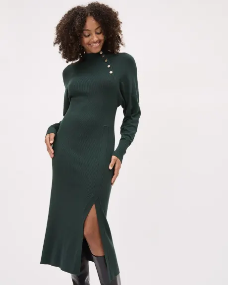 Long-Sleeve Mock-Neck Fitted Ribbed Midi Dress