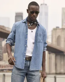 Long-Sleeve Denim Shirt with Chest Pocket