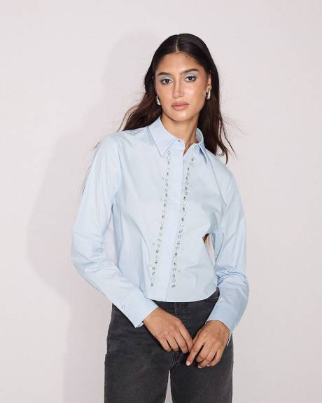 Blouse Boutonnée Courte en Popeline à Manches Longues avec Strass