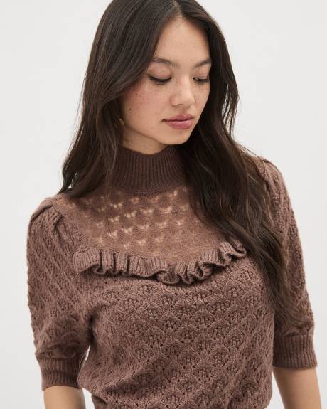 Elbow-Sleeve Mock-Neck Pullover with Frilled Yoke