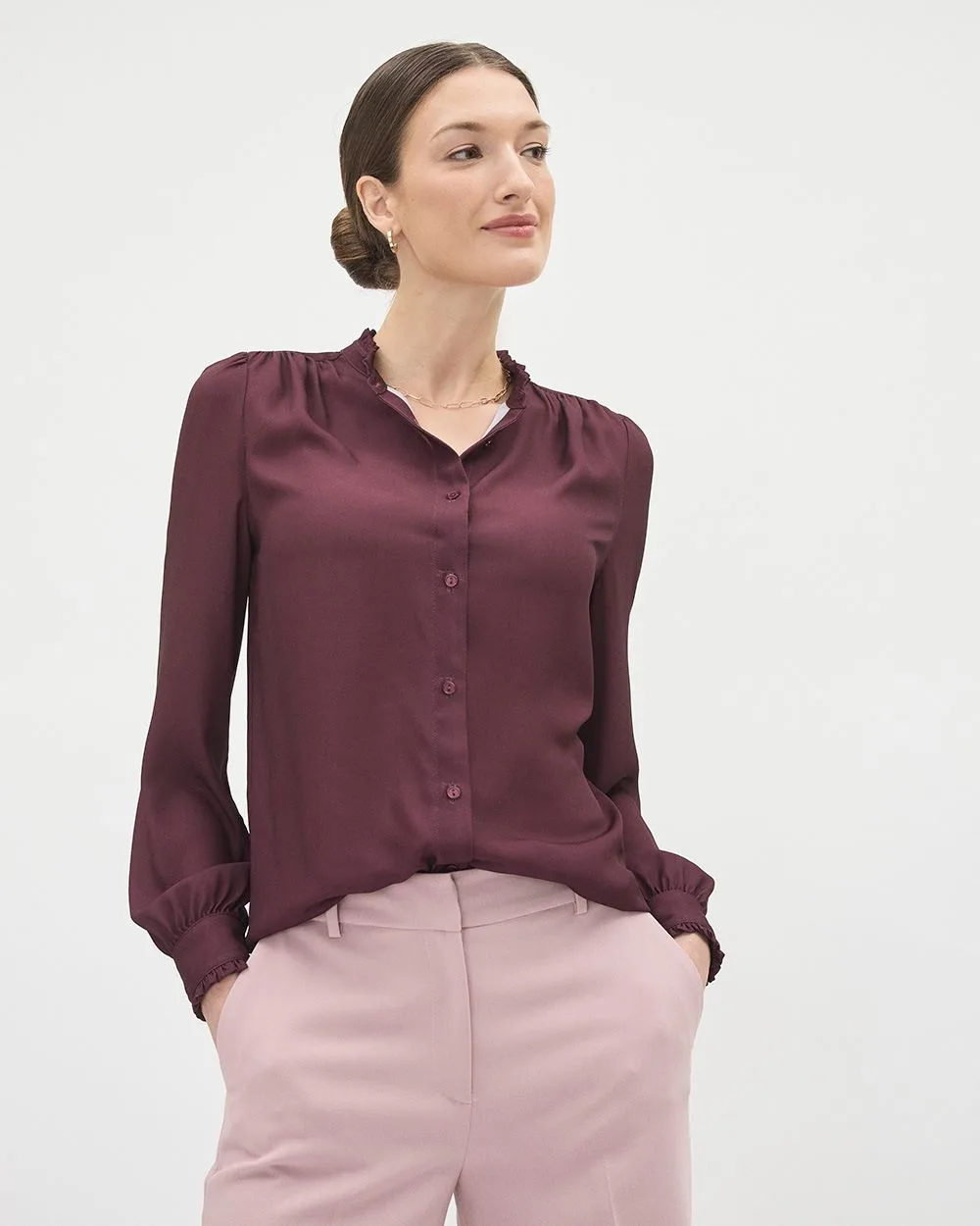 Silky Crepe Long-Sleeve Buttoned-Down Blouse