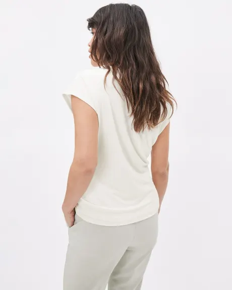 White Crew-Neck Crepe Tee with Front Pleats