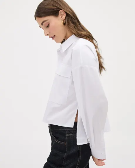 Blouse Boutonnée Courte en Popeline à Manches Longues