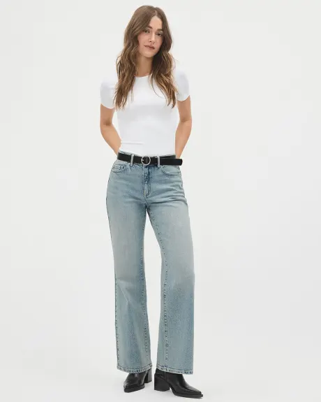 Jeans Long à Délavé Foncé à Taille Haute et Jambe Large