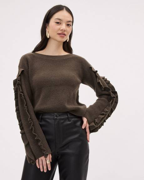 Long-Sleeve Boat-Neck Sweater with Frills