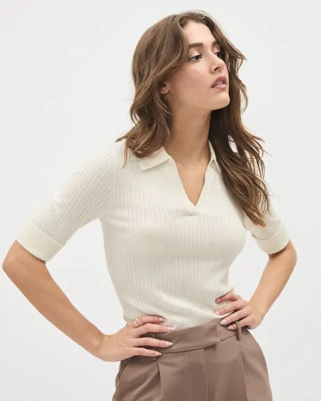 Ribbed Polo Sweater with Elbow Sleeves