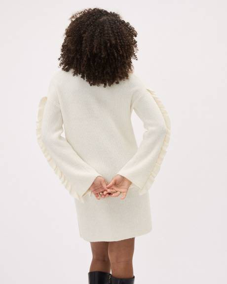 Ruffled-Long-Sleeve Boat-Neck Mini Dress