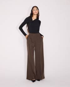 Pantalon en Satin à Taille Haute et Jambe Large