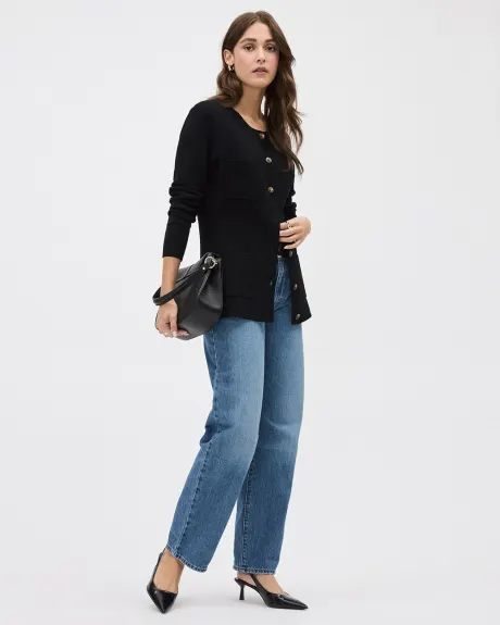 Long Buttoned-Down Cardigan with Pockets