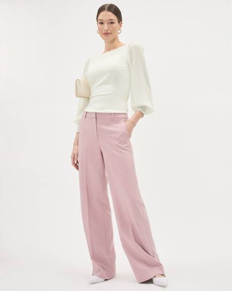 Mix-Media Boat-Neck Top with Long Puffy Sleeves