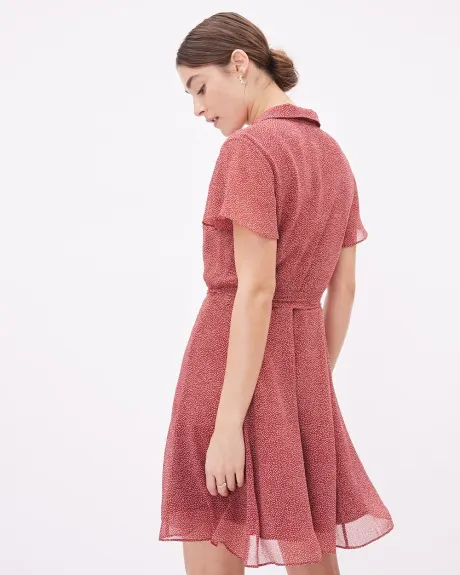 Short-Sleeve Shirt-Collar Fit and Flare Belted Dress