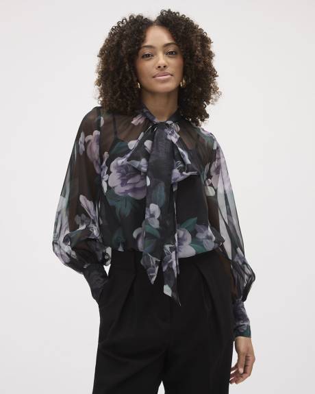 Blouse à Manches Longues Bouffantes à Col Montant avec Ruban à l'Encolure