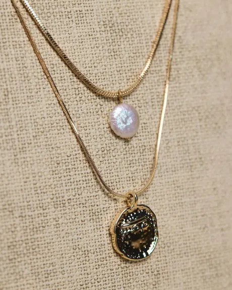 Double-Chain Necklace with Pearl and Coin Pendant
