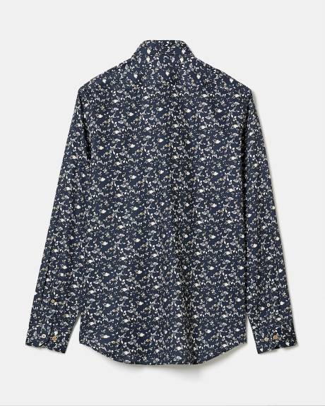 Navy Tailored-Fit Dress Shirt with Floral Pattern