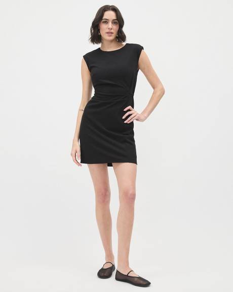 Short Sleeveless Dress with Crew Neckline and Front Pleats