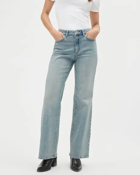 Jeans Long à Délavé Foncé à Taille Haute et Jambe Large