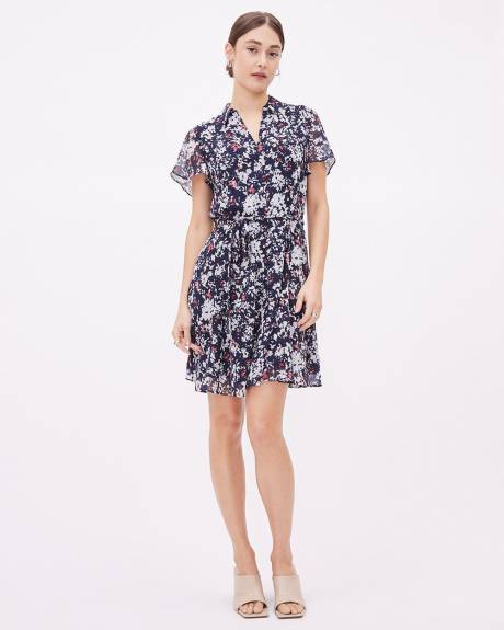 Short-Sleeve Shirt-Collar Fit and Flare Belted Dress