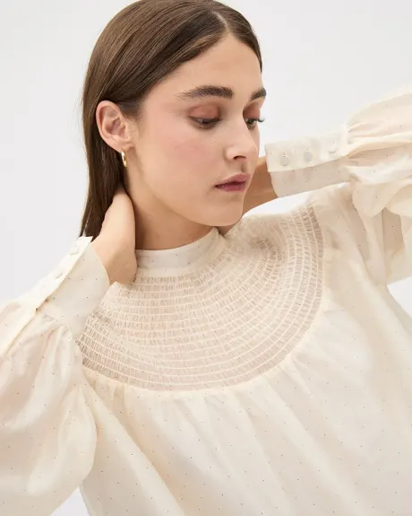 Long-Sleeve Mock-Neck Blouse with Textured Yoke