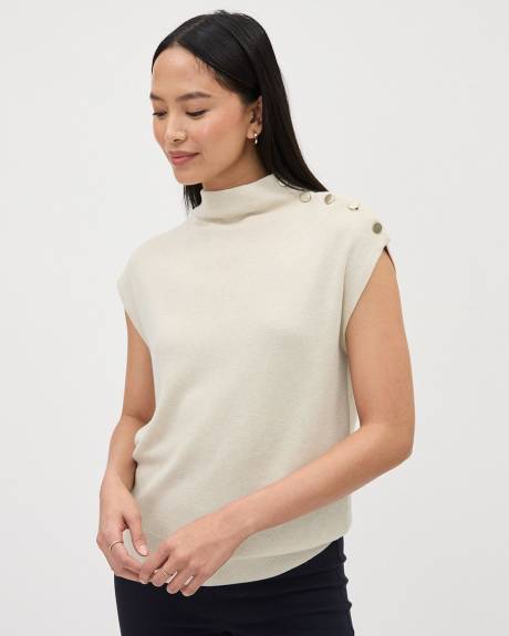 Sleeveless Mock-Neck Sweater with Buttons at Shoulder