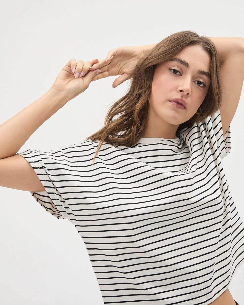 Striped Short-Dolman-Sleeve Crew-Neck Cotton Tee