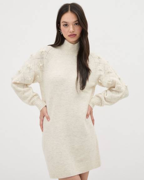 Long-Sleeve Crew-Neck Spongy Dress with 3D Flowers