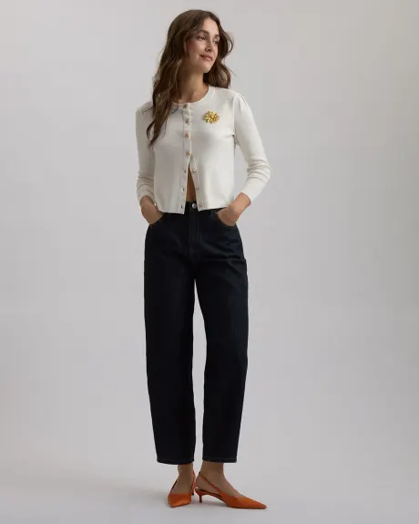 Long-Sleeve Crew-Neck Cardigan with Golden Buttons