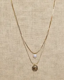 Double-Chain Necklace with Pearl and Coin Pendant