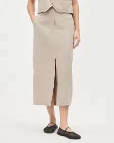 Jupe Fourreau Midi Beige à Taille Haute