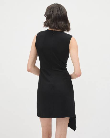 Short Sleeveless Asymmetrical Dress with Crew Neckline and Front Pleats