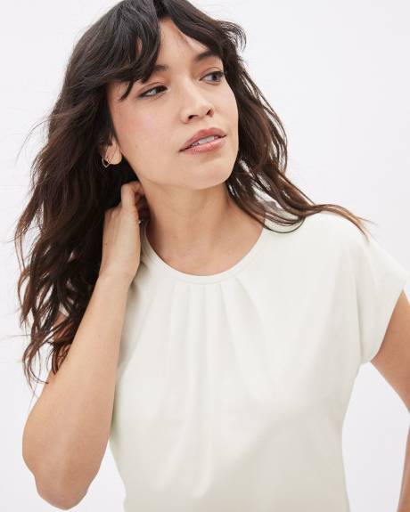 White Crew-Neck Crepe Top with Front Pleats