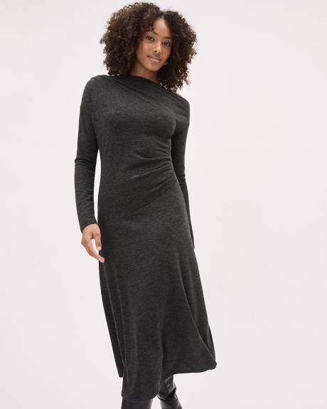 Long-Sleeve Asymmetrical-Neckline Midi Dress