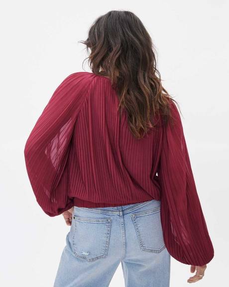 Crew-Neck Popover Blouse with Long Balloon Sleeves