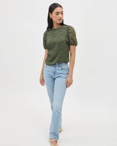 Cropped Crinkle Chiffon Blouse with Short Puffy Sleeves