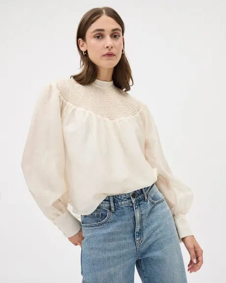 Long-Sleeve Mock-Neck Blouse with Textured Yoke