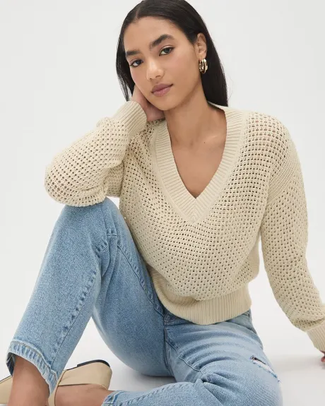 Long-Sleeve V-Neck Pullover with Open Stitches