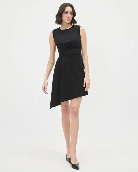 Short Sleeveless Asymmetrical Dress with Crew Neckline and Front Pleats