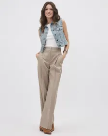 Pantalon Beige à Jambe Large et Taille Haute