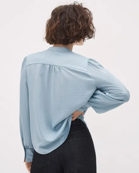 Long-Sleeve Buttoned-Down Satin Blouse with Jabot