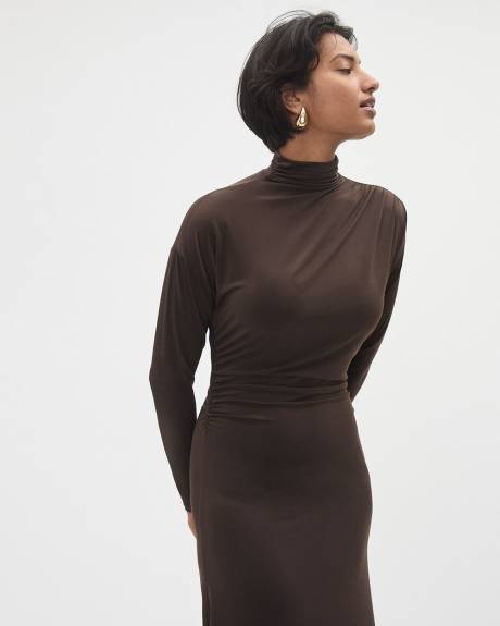 Long-Sleeve Fit and Flare Midi Dress with Funnel Neckline