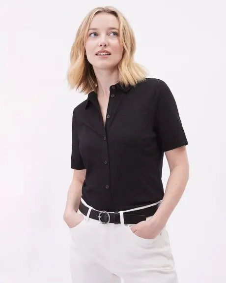 Buttoned-Down Short-Sleeve Top with Shirt Collar