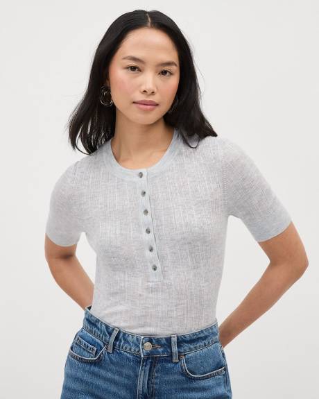 Pull Henley à Manches aux Coudes en Mélange de Laine