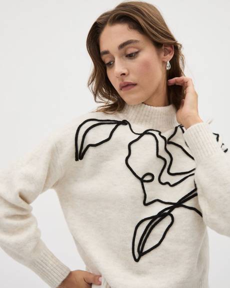 Pull à Manches Longues et Col Roulé avec Broderie de Fleur