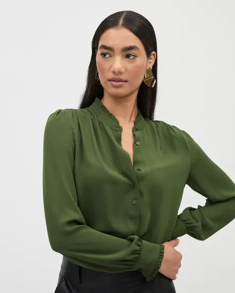 Silky Crepe Long-Sleeve Buttoned-Down Blouse