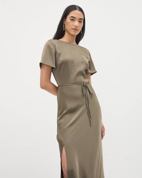 Satin Short-Sleeve Fitted Midi Dress