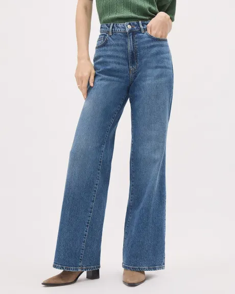 Jeans Long à Délavé Moyen à Taille Haute et Jambe Large