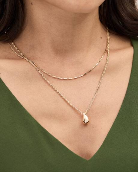 Short Double-Chain Necklace with Teardrop Pendant