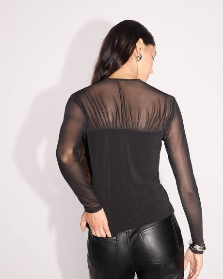 Sheer-Long-Sleeve V-Neck Top